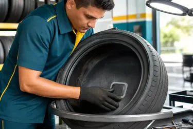 Mecânico consertando um pneu em uma borracharia em Ilhéus.