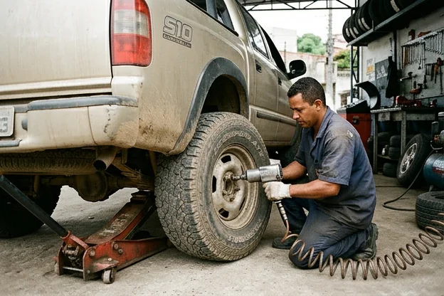 Pneus de um carro com aspecto saudável e bem cuidados em Ilhéus.