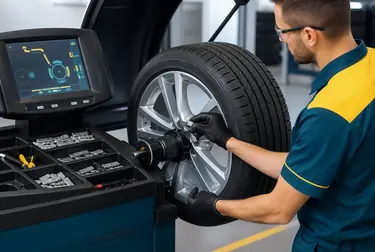 Técnico balanceando rodas de um carro em uma borracharia em Ilhéus.