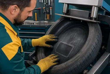 Técnico fazendo vulcanização em um pneu em Ilhéus.