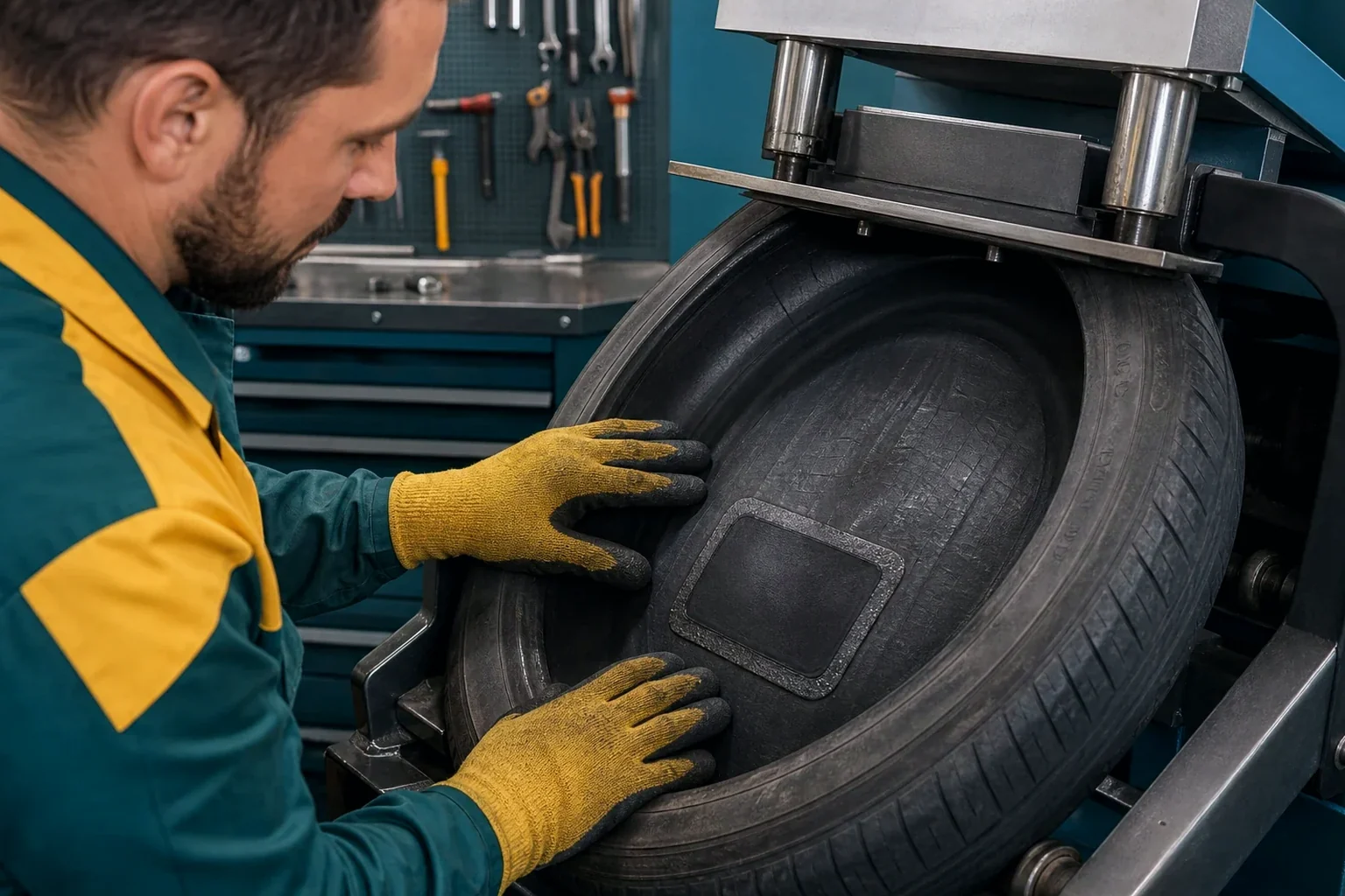 Técnico fazendo vulcanização em um pneu em Ilhéus.