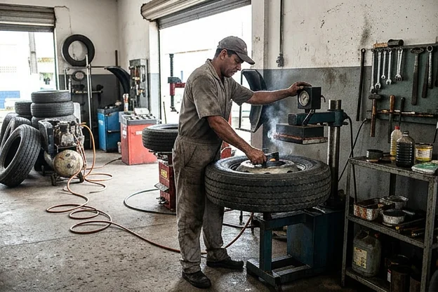 Técnico fazendo vulcanização em um pneu na borracharia em Ilhéus.