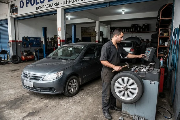 Técnico realizando balanceamento de rodas de um veículo em Ilhéus.